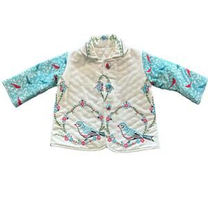 Handmade Quilted Toddler Jacket Vintage Textile Front Bird Floral Embroidered 2T